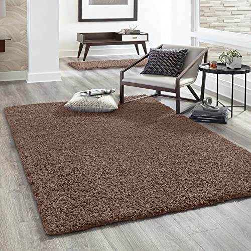 VIMODA Hochflor Teppich Prime Shaggy Langflor Wohnzimmer Schlafzimmer Modern Farben, Farbe:Nougat, Maße:Ø 200 cm Rund