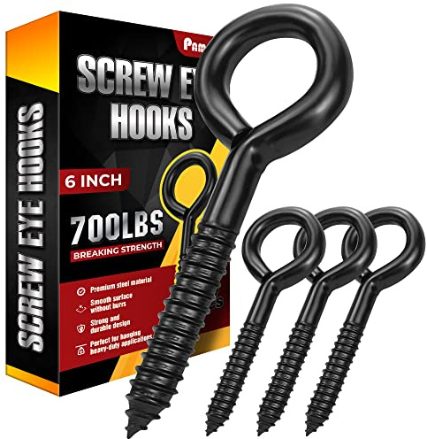 PAMAZY 6 Inch Heavy Duty Black Screw Eyes Hooks, 700LBS Breaking Strength, 4PCS Self Tapping Eyelet Screw Eye Bolts, Screw in Eye Hooks for Wood Securing Cables Wire, Heavy Indoor & Outdoor Uses