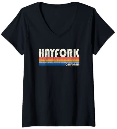 Womens Vintage Retro 70s 80s Style Hometown of Hayfork, CA V-Neck T-Shirt