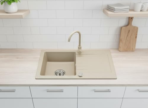 Faizee Möbel | Hochwertiges beidseitig montierbares Granitspülen-Set 75 x 44 cm in Beige – Küchenspüle mit Armatur und Siphon