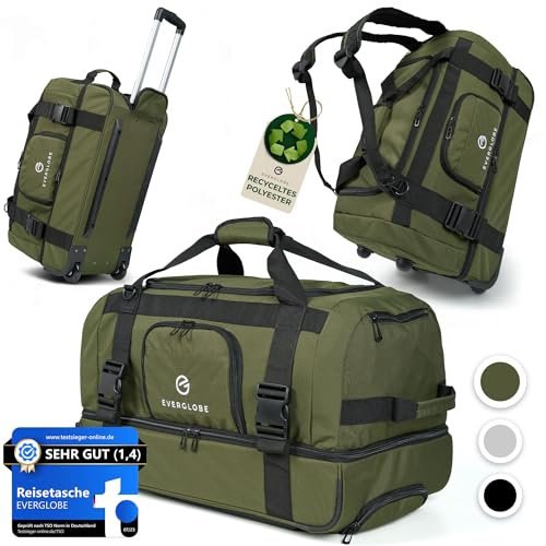 3in1 Reisetasche mit Rollen 60L Klein Khaki - Tasche, Trolley, Rucksack | Reisekoffer mit Rollen Reisetrolley Travel Bag Weekender Duffle Bag Koffer Urlaub Reise Outdoor Sport | Damen Herren