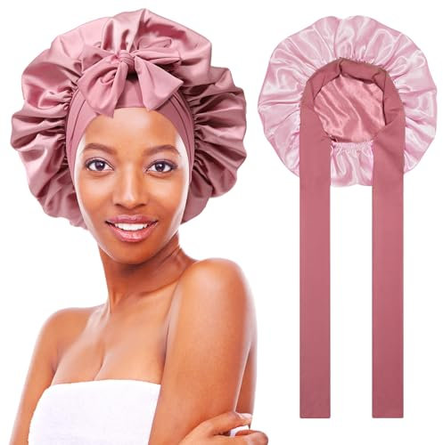 Tundwhite Satin Bonnet Nacht Schlafmütze,Doppelseitig Seidenhaube Zum Schlafen Schlafhaube,Verstellbare Seidenhaube,Seide Locken Atmungsaktive Seide Schlafmütze für Damen,gelockt,langes Haar (Rosa)