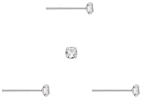3 boucles d'oreilles droites en argent pour le nez, très petite pierre ronde en zircone cubique brillante de 1 mm, tige fine de 0,6 mm
