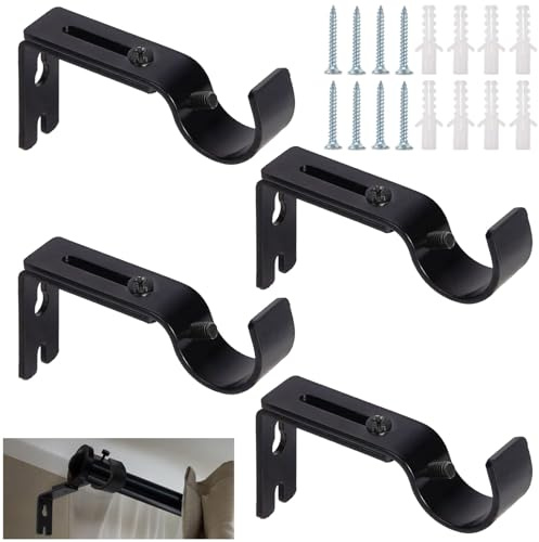 4 Stücke Gardinenstangenhalterungen, Gardinenstange Halterung Verstellbare, Metall Gardinenstangenhalter mit Dübelschrauben, Wandhalterung Vorhangstange Halter, für Schlafzimmer, Schrank, Schwarz
