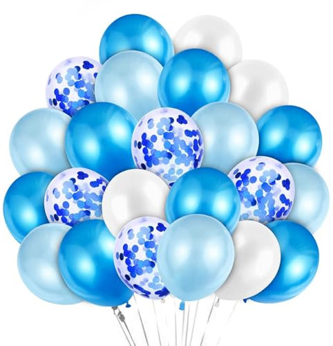 60 Pezzi Palloncini Compleanno Blu, Palloncino Azzurri Blu Cromato Metallizzato con Coriandoli per Festa di Compleanno Decorazione Baby Shower Matrimonio