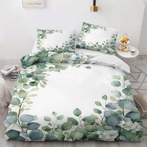 GEDAEUBA Eukalyptus Motiv Bettwäsche 135x200 - Grüne Blätter Bettbezug 135 x 200 2er Set, Wendebettwäsche und Kissenbezug 80x80, Weiche & Angenehme Mikrofaser Bettwäsche-Sets mit Reißverschluss