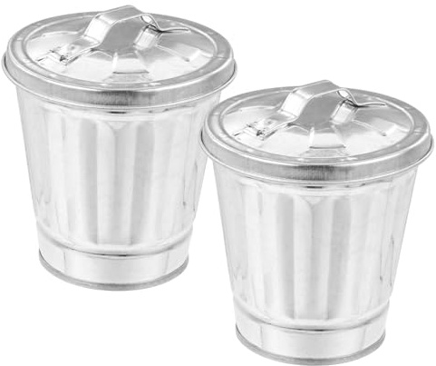 Ciieeo Cubo de Basura Tapado Mini Asa, 2 Piezas de Hierro Galvanizado | Plata, Uso sobre Mesa y Salón, Diseño Simple Decorativo, Construcción Sólida y Multiuso
