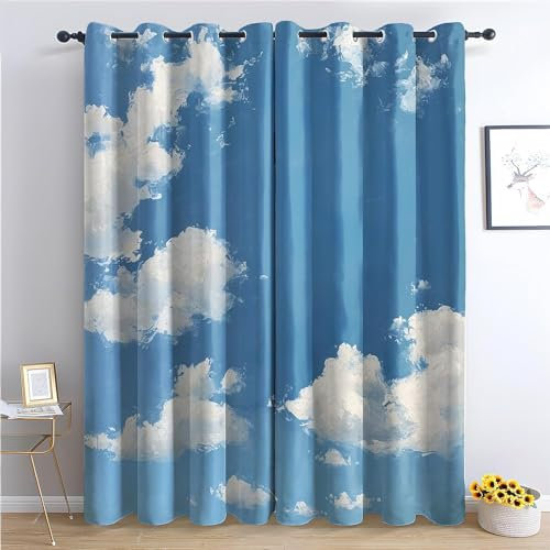 EXSANLIEAY Verdunklungsvorhänge Blauer Himmel, Vorhang Blickdicht Weisse Wolke Vorhänge mit öSen 2er Set für Schlafzimmer Kinderzimmer, Deko Gardinen Wohnzimmer-260 x 140 cm (H X B)