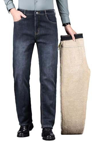 ziilay Förtjockade lammskinn, termojeans, män, termobyxor, snöbyxor, teddyfleece, fodrade vinterbyxor, stretch, Grafit blå, 28W / 32L