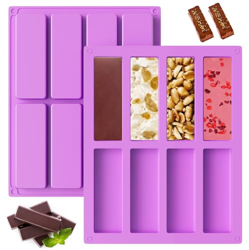 Rseuphiee 2 Pièces Moule Silicone Rectangulaire, Moules Antiadhésifs à 8 Cavités, Barres de Céréales Maison, Pain, Gâteau, Barres de Chocolat, Biscuits, Violet
