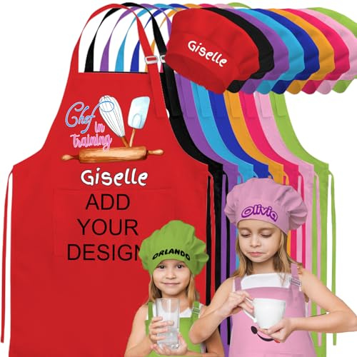 YouBaiVS Tabliers Enfants Personnalisés Tablier de Cuisine Réglables Le Chef Junior Tablier Enfant Cuisine Avec 2 Poche Ensemble de Toque de Chef Tablier EnfantQ