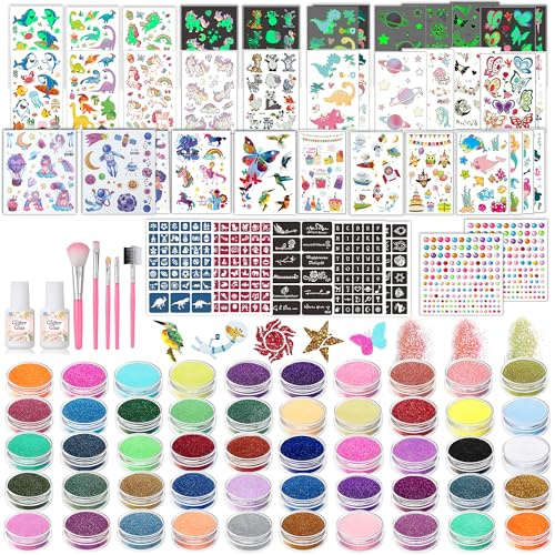 TEUVO 50 Farben Glitzer Tattoo Set Kinder, Temporäres Tattoo mit 177 Schablonen/25 Gemischte Aufkleber(Farbig & Leuchtend) für Mädchen Jungen Glitzer Schminke Halloween Karneval Weihnachten Geburtstag