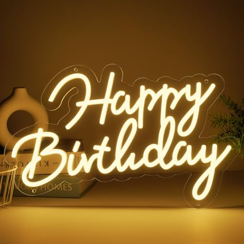 MissAudrey LED-Neonschild Happy Birthday für Hintergrund, Geburtstagsparty-Dekoration, USB-betrieben, Happy Birthday-Schild mit dimmbarem Schalter (warmweiß, 43,2 x 30,5 cm)