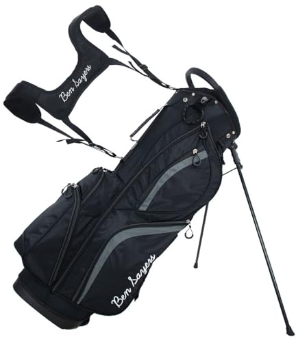 Ben Sayers DLX Deluxe Herren-Golf-Ständertasche, leicht, mit gepolsterter Lendenwirbelstütze und doppeltem Schultergurt, 14-Wege-Trennwände in voller Länge und wasserabweisenden Taschen (Schwarz/Grau)