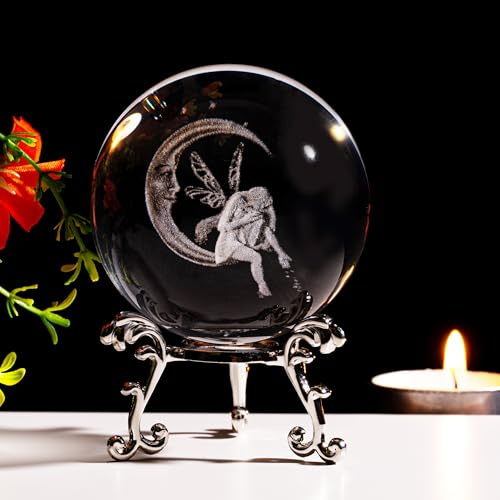 Sahoottie 60 mm 3D-Mondfe-Kristallkugel, Briefbeschwerer, Feen-Ornamente, Mondfee, Geschenke für Frauen, Tinkerbell-Geschenke, Mondfee, Glaskugel