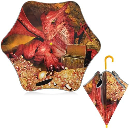 Regenschirm für Kinder, Motiv: roter Drache, Fantasie, wasserdicht, leicht, winddicht, Schulschirm mit J-förmigem Griff, langer Regenschirm für Jungen und Mädchen, multi, 25.6''(65cm)