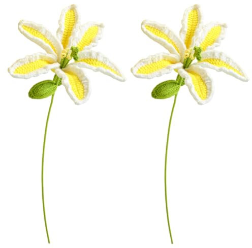 Magicherry Bouquet di fiori di giglio artificiali fatti a mano all'uncinetto, 2 pezzi, lavorato a maglia, per composizioni floreali fai da te, decorazione per la casa e per matrimoni, colore giallo