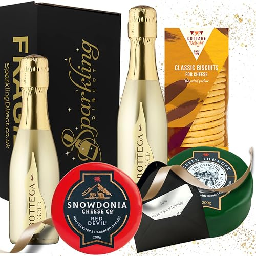 Prosecco and Cheese Gift Set – 2 x Bottega Gold Prosecco (20cl) with Cheese & Biscuits in Luxury Black Hamper – Sparkling Food & Drink Gift for Her, Him or Couples