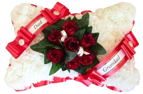 Silky Bouquets Funeral Pillow Tribute, White Carnations with Red Roses, Personalised Dad and Grandad Sashes, Memorial Floral Arrangement