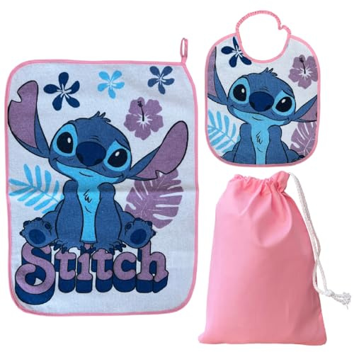 CARTOON Set asilo 3 pezzi, bavaglino e tovaglietta con retro plastificato, sacca, completo per il pranzo (Stitch (1))