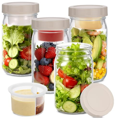 Sibosen 4 Meal Prep Gläser Set mit Deckel,Salatbehälter 1L vertikale Schichtung auslaufsichere Einmachgläser für Zuhause und unterwegs für frische Salate Marmelade Overnight Oats und Mittagessen