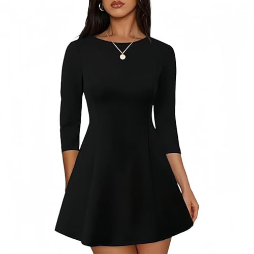 Gkaopi Women's Long Sleeve Dress Elegant 3/4 Sleeve Mini Dress Bodycon Casual Boat Neck A-Line Dresses High Waist Ruched Loose Knee Length Swing Dresses for Cocktail Party Club Fall Wedding