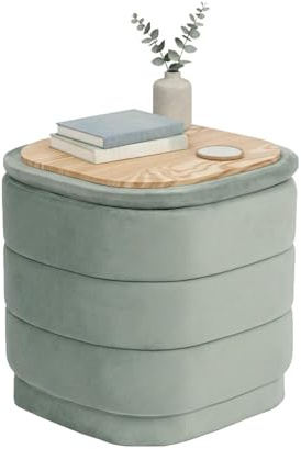 Bonlife Sitzhocker mit Stauraum, Klappbare Fußstütze mit Tisch, Fußstütze, Fußhocker für Wohnzimmer, Schlafzimmer, Flur, Salbeifarbener Samt,38x38x38cm