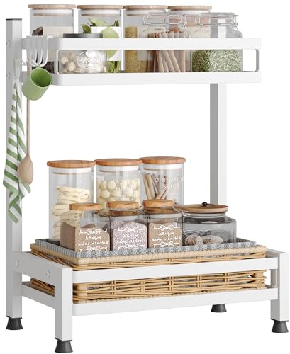 NETEL Multifunktional Gewürzregal Stehend, 2 Etagen Rostfrei Gewürzständer/Gewürzhalter, Küchenregal Organizer für 4 Haken, Weiß