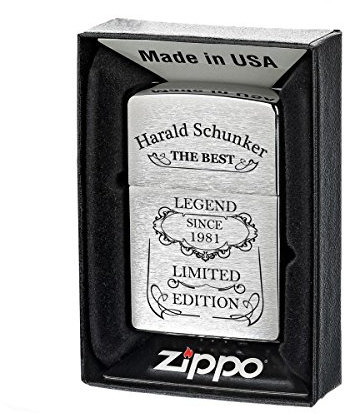 Zippo Accendino a benzina spazzolato con confezione regalo, con incisione motivo Legend