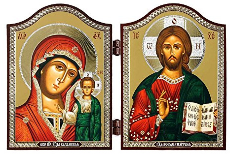 NKlaus Diptychon orthodoxe Ikone Jesus und Gottesmutter Kazan, 1 Stück | Figürliche christliche Doppelikone aus Holz, 12,5 x 8,4 x 0,6 cm; Kazanskaja Bogorodica und Christus