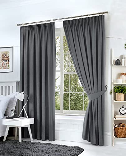 Hachette Thermal Blackout Curtains Pencil Pleat Tape Top Including Pair of Tiebacks (Charcoal Grey, 46 X 54)