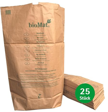 bioMat Kompostierbare Papiersäcke 240l aus Kraftpapier, 25 Papiertüten für Biotonne, 1-lagig, Reißfest, Nassfest