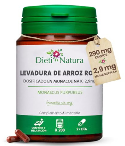 Dieti Natura Levadura de Arroz Rojo 200 Cápsulas para Reducir Colesterol - 2,9mg de Monacolina K para Bajar el Colesterol - Levadura Arroz Rojo para Salud Cardiovascular - Potente Antioxidante