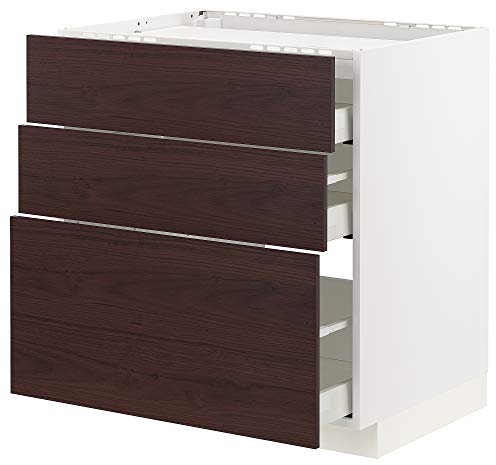 Table de cuisson METOD/MAXIMERA - 3 façades - 3 tiroirs - 80 x 61,6 x 88 cm - Blanc Askersund/marron foncé effet frêne