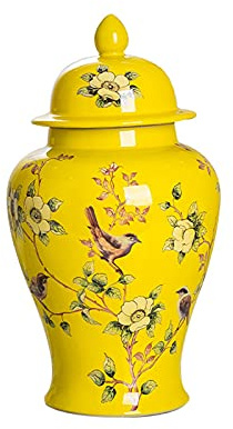 QULONG Classic Flower and Orcelana jarrones con Tapa, glaseado Jarra de Porcelana, Sala de Estar con gabinete de Vino Art General Jar Decoración del hogar,Amarillo,S