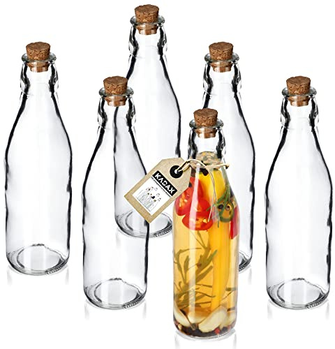 KADAX 6er Set Glasflasche mit Korken 225ml – Öl-Karaffe & Essigflasche aus Glas zum Befüllen | Transparent & Wiederverwendbar