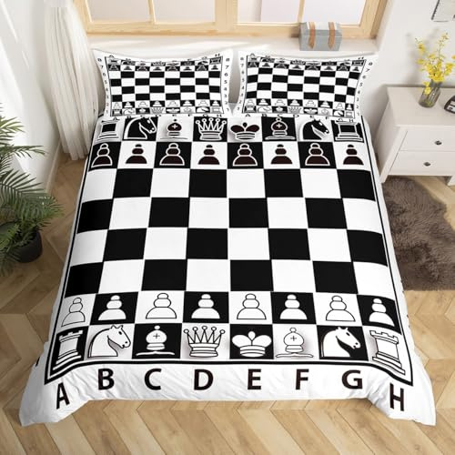 Homewish International Chess Bettbezug für Jungen Teenager Männer,Brettspiel-Bettwäsche-Set 135 x 200 Geometrisches Schachbrett Design Schwarz-Weiß-Büffelkaro Bettwäsche Schlafzimmerdekoration