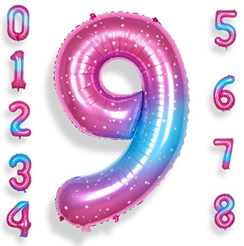 RainbowQ Party Pink Blue Number 9 Balloon, 40 Inch Large Foil Balloon with Star Dots for 9th Birthday Party Anniversary Graduation New Year Celebration Decorations Supplies