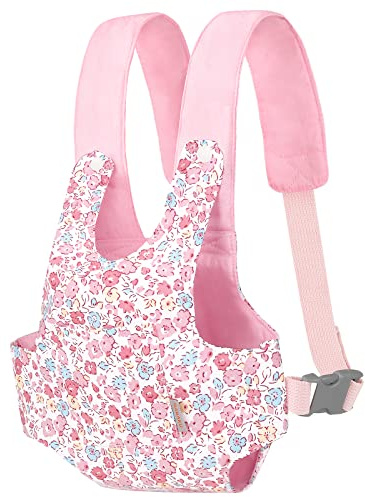 GAGAKU Marsupio per Bambole Baby Doll Carrier Davanti e Dietro Giocattolo Farcito Che Trasporta Spalline IncrociateTrasportini per Ragazze Chiusura a Scatto - Fiori Rosa