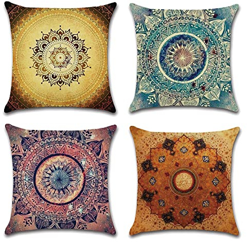 OCEUMACO Leinen Kissenbezug 40x40 Boho Indisch Blumen Kissenhülle 4er Set Sofakissen Dekokissen Bezug für Couch Sofa Mandala Hippie Kissen Kissenbezüge Outdoor Deko Zierkissen Couchkissen - Bunt