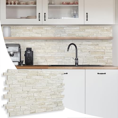 NOVECRAFTO Natural Stone Effect 3D Wall Panelling Kit of 12 pcs, PVC Wall Panel Size 37.59x18.8 in (95.5x48 cm) Covering 14.78 ft² (1.37 m²) for Kitchen, Bathroom, Living Room, DIY Natural Stone Beige
