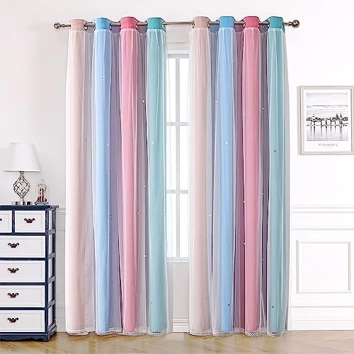 KAHEAUM Blackout Curtains for Living Room, Bedroom, Nursery - 2 Panel, 46 x 54 inch Drop, White Voile Net, Soundproof, Thermal, Eyelet Star, Pink, Grey, Rainbow