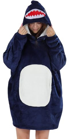 Queenshin Blauer Hai Hoodie Decke Tierkörperdecke mit Ärmeln Kuscheldecke Deckenpullover für Damen Herren, Tragbare Decke zum Anziehen Erwachsene, Übergroßer Hoodie Sweatshirt Sherpa Warm und Weich