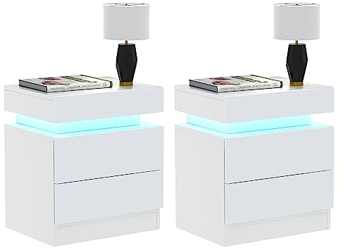 PIPIPOXER 2er Set Nachttisch Weiß, Nachtkommode mit 2 Schubladen und Hochglanz Kommode Nachttisch Nachtschrank Tisch, Beistelltisch für Wohnzimmer, 45x35x52cm
