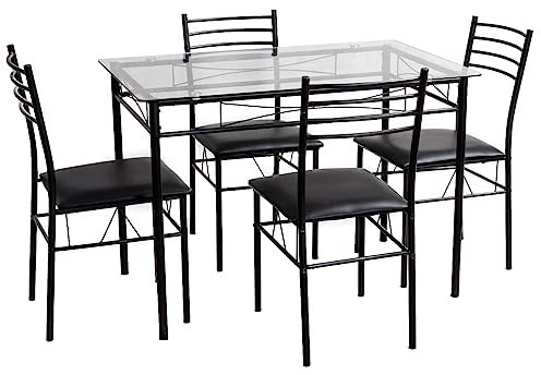 HOMASIS Esstisch-Set mit 4 Stühlen, 5 teiliges Glastisch für 4 Personen mit Metallbein, moderner Küchentisch aus Holz & Glas, Essgruppen mit gepolstertem Sitz für Wohnzimmer, Küche, Esszimmer, Schwarz