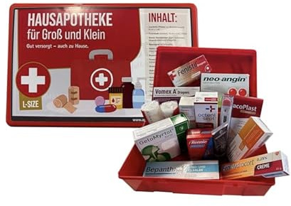 Hausapotheke gefüllt mit Medikamenten - für Groß und Klein - 14-teilig - Alles Wichtige zuhause - L-Size mit Bepanthen, Fenistil, Hydrocort, Gelomyrtol forte, Nasenspray, Neoangin u.v.m
