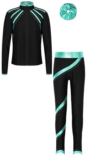 Freebily Kinder Mädchen Eiskunstlauf Anzug Glitzer Strass Jacke Hose Und Haargummi 3er Set Eislaufen Trainingsoutfit Sport Performance Tanzkleidung Blaugrün_S 158-164