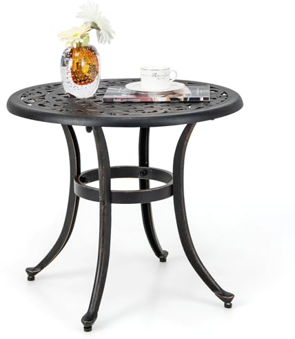 GOPLUS Sidobord rund, Ø 60 cm, trädgårdsbord, metall med utskärningsmönster, balkongbord, litet väderbeständigt, bistrobord, kaffebord, terrassbord, matbord, utomhus för balkong, trädgård, terrass