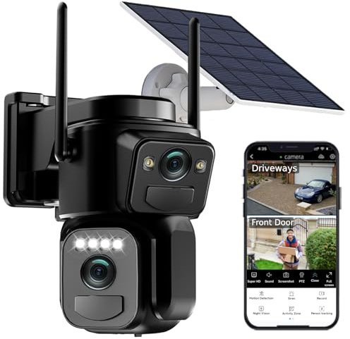 Uniter Dual Lens Solar Security Camera Wireless Outdoor, 5G/2.4G WiFi 6, Panoramic & Tracking Cam 2 in 1 for Home Security with 2K Color Night Vision/PIR Motion Alarm/Human Tracking/PTZ/2-Way Audio