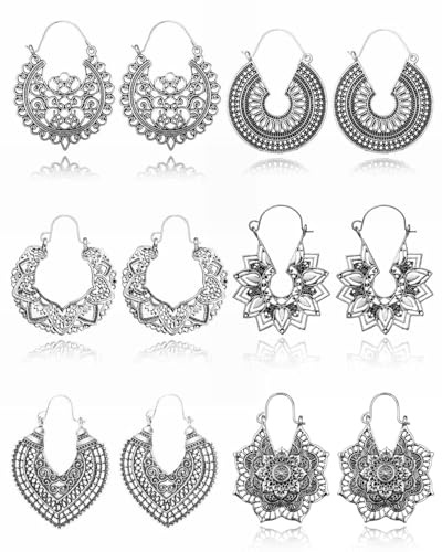 QLEUIFT 6 Paires De Boucles d'oreilles Pendantes Bohème Vintage Boho Style National Pétale Creux En Forme De Coeur Boucles D'Oreilles En Perles pour Femmes Filles Bijoux En Or Hypoallergénique, Argent